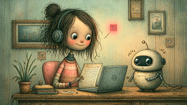 A cozy, warm illustrated scene of a woman at a desk reviewing a document on a laptop, with a small red "flagged" or warning icon hovering over the screen, while a friendly round robot beside her looks apologetic.