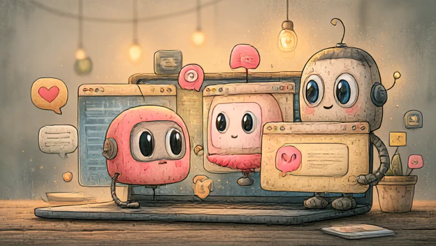 Whimsical illustration of three friendly retro robots gathered around overlapping computer windows, surrounded by floating message bubbles and glowing hanging lights, suggesting digital overload and tool-switching fatigue.
