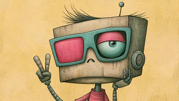 Illustrated one-eyed robot in oversized glasses flashing a peace sign against a textured yellow background.